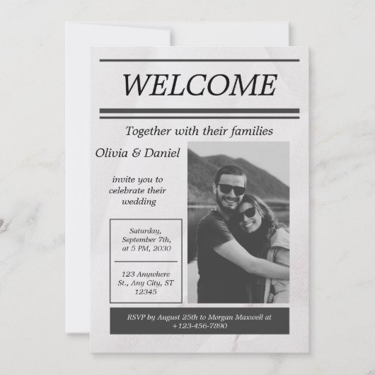 Black Gray Simple Vintag Newspaping Wedding Invita Einladung (Vorderseite)
