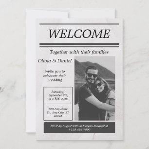 Black Gray Simple Vintag Newspaping Wedding Invita Einladung