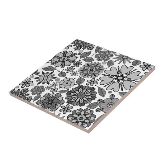 Black Gray White Retro Floral Art Seamless Pattern Fliese (Seite)