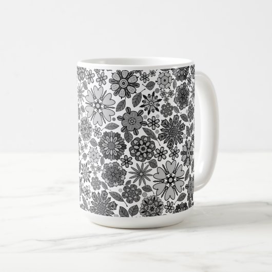 Black Gray White Retro Floral Art Seamless Pattern Kaffeetasse (VorderseiteRechts)
