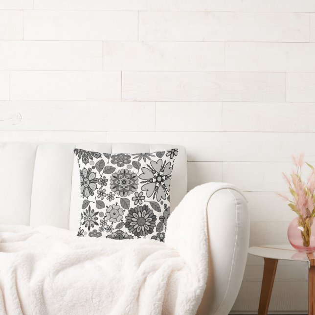 Black Gray White Retro Floral Art Seamless Pattern Kissen (Liege)