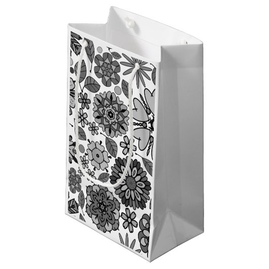 Black Gray White Retro Floral Art Seamless Pattern Kleine Geschenktüte (Vorderseite Schrägansicht)