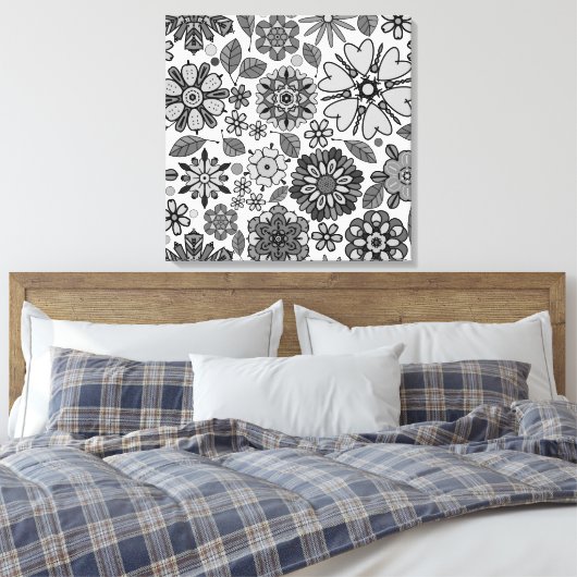 Black Gray White Retro Floral Art Seamless Pattern Leinwanddruck (Insitu (Schlafzimmer))