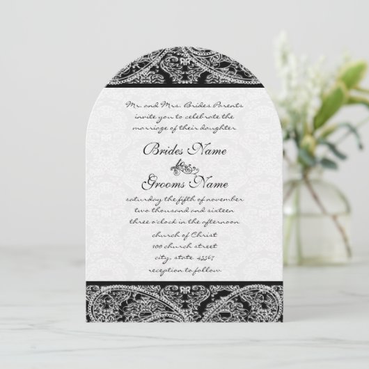 Black Gray White Vintag Paisley Damask Hochzeiten Einladung (Stehend Vorderseite)