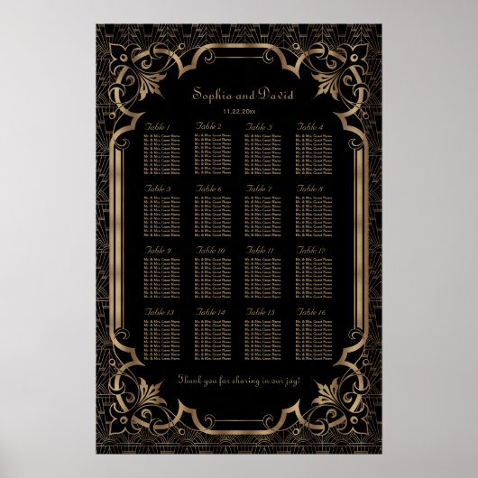 Black Great Gatsby Art Deco 1920s Seating Chart Poster (Vorne)