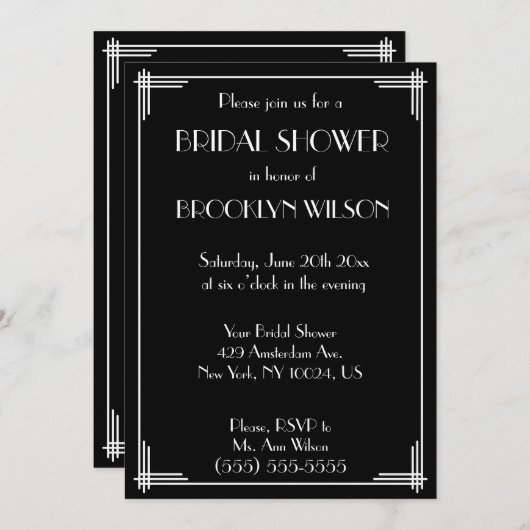 Black Great Gatsby Art Deco Brautparty Einladung (Vorne/Hinten)