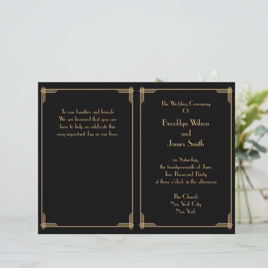 Black Great Gatsby Art Deco Hochzeitsprogramm (Stehend Vorderseite)