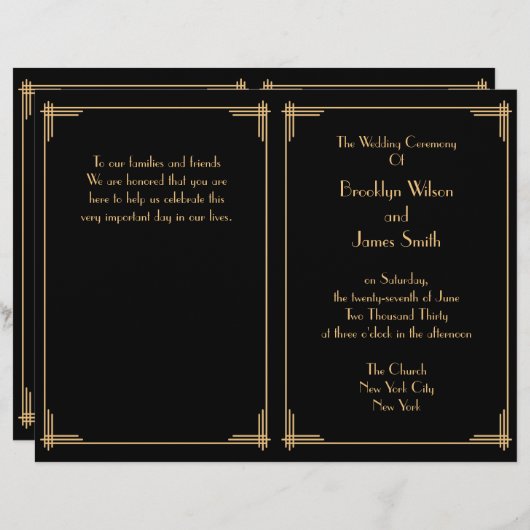 Black Great Gatsby Art Deco Hochzeitsprogramm (Vorne/Hinten)
