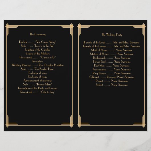 Black Great Gatsby Art Deco Hochzeitsprogramm (Rückseite)