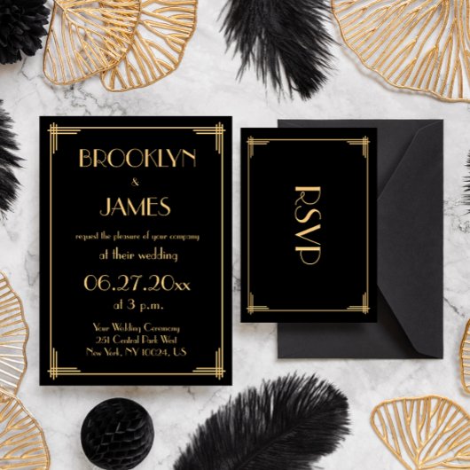 Black Great Gatsby Art Deco Wedding RSVP Card