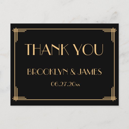Black Great Gatsby Art Deco Wedding Vielen Dank Postkarte (Vorderseite)