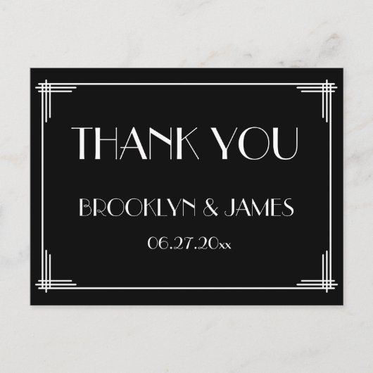Black Great Gatsby Art Deco Wedding Vielen Dank Postkarte (Vorderseite)