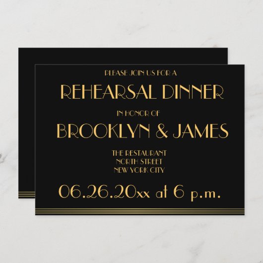 Black Great Gatsby Hochzeit Probe Einladungen (Vorne/Hinten)