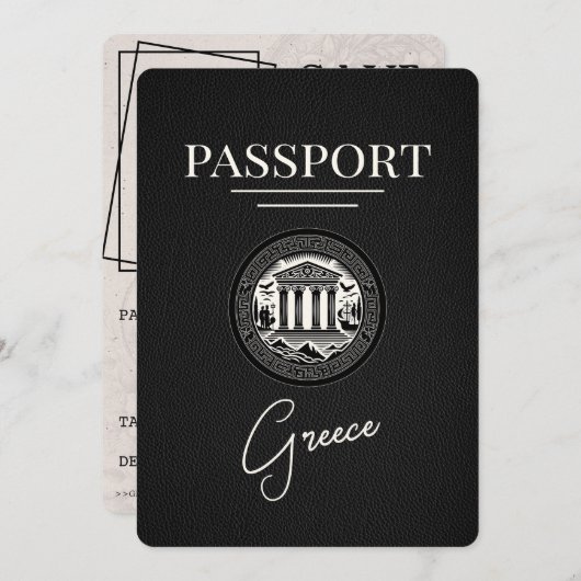 Black Greece Passport Save the Date Karte (Vorne/Hinten)