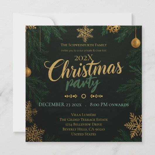 Black Green and Gold Classic Christmas Invitation Einladung (Vorderseite)