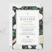 Black Green and Gold Floral Baptisl Baby Girl Einladung (Vorderseite)