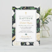 Black Green and Gold Floral Baptisl Baby Girl Einladung (Stehend Vorderseite)
