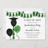 Black Green Balloons Grad Hat Graduation Party Einladung (Vorderseite)