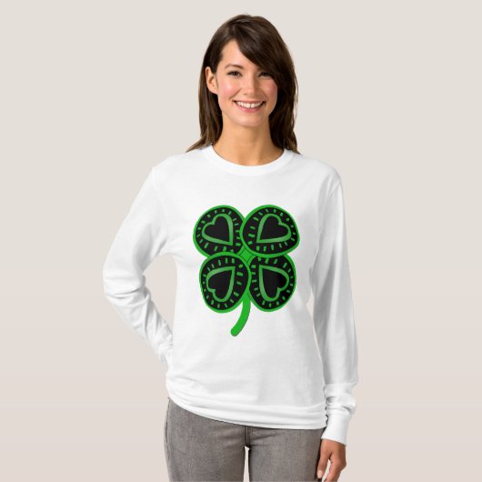 Black Green Clover Heart St Patrick Frau Long S T T-Shirt (Vorne ganz)