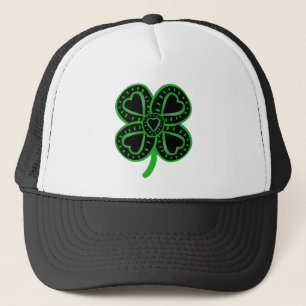 Black Green Clover Heart St Patrick's Day Hat Truckerkappe