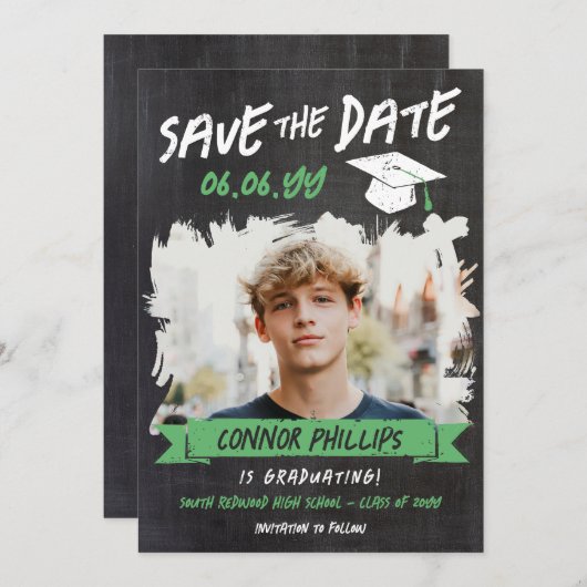 Black Green Cool Chalk Foto Abschluss Save The Date (Vorne/Hinten)
