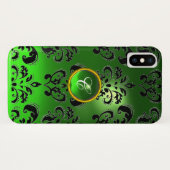 BLACK GREEN DAMASK EMERALD GEM MONOGRAM Case-Mate iPhone HÜLLE (Rückseite (Horizontal))