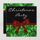 Black Green Damask Red Bow Weihnachts-Party Einladung (Vorne/Hinten)