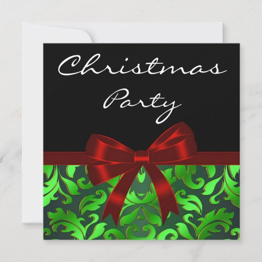 Black Green Damask Red Bow Weihnachts-Party Einladung (Vorderseite)
