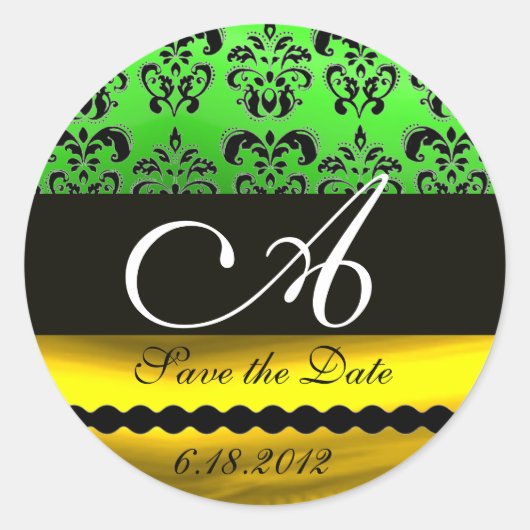 BLACK GREEN GOLD DAMASK MONOGRAMM Save the Date Runder Aufkleber (Vorderseite)