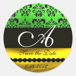 BLACK GREEN GOLD DAMASK MONOGRAMM Save the Date Runder Aufkleber