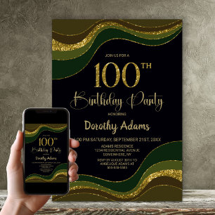 Black Green Gold Glitzer 100. Geburtstagsparty Einladung