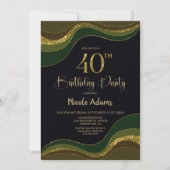 Black Green Gold Glitzer 40. Geburtstag Party Einladung (Vorderseite)