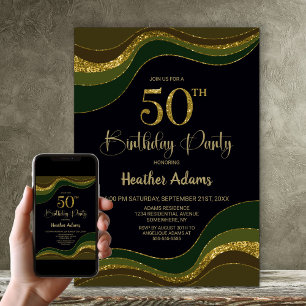 Black Green Gold Glitzer 50. Geburtstagsparty Einladung
