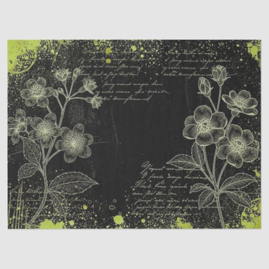 Black & Green Hand-Drawn Floral Script Decoupage  Seidenpapier (Vorderseite)