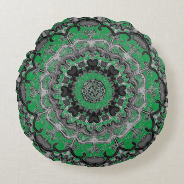 Black & Green Mandala Rundkissen Rundes Kissen (Vorderseite)