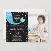 Black Green Mermaid Schwanz Geburtstag mit Foto Einladung (Vorderseite)