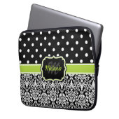 Black Green Mit Monogramm Damask Polka Dot Laptopschutzhülle (Vorderseite Links)