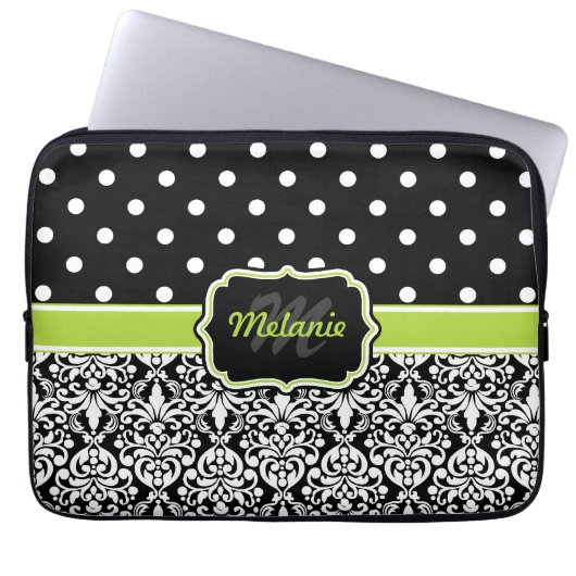 Black Green Mit Monogramm Damask Polka Dot Laptopschutzhülle (Vorderseite)