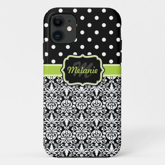 Black Green Mit Monogramm Damask Polka Dots Muster Case-Mate iPhone Hülle (Rückseite)