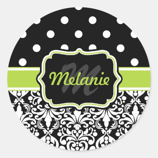 Black Green Mit Monogramm Damask Polka Dots Muster Runder Aufkleber (Vorderseite)