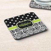 Black Green Mit Monogramm Damask Polka Dots Muster Untersetzer (Linke Seite)