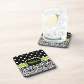 Black Green Mit Monogramm Damask Polka Dots Muster Untersetzer (Rechte Seite)