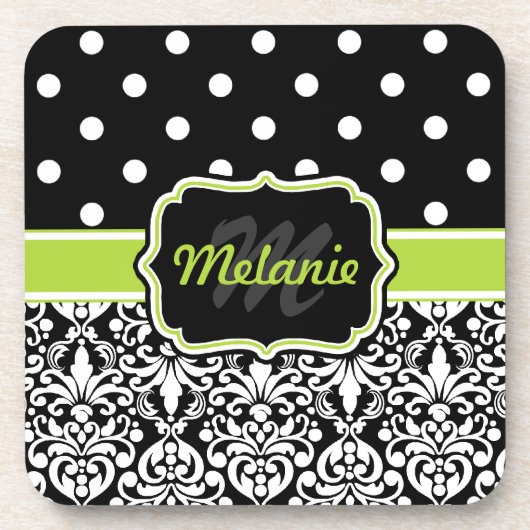 Black Green Mit Monogramm Damask Polka Dots Muster Untersetzer (Vorderseite)