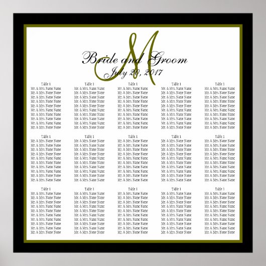 Black Green Monogram Wedding Seating Chart 150 Poster (Vorne)