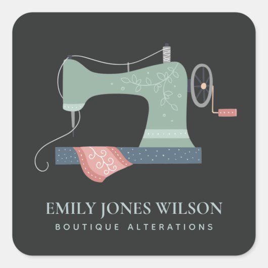 BLACK GREEN PEACH BLUE PINK SEWMACHINE TAILOR QUADRATISCHER AUFKLEBER (Vorderseite)