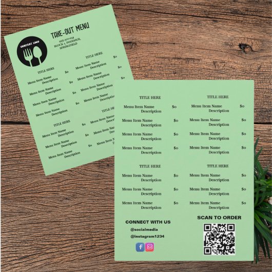 Black, Green Restaurant Take Out Menü mit QR Code