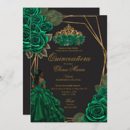 Black Green Rose Goldene Prinzessin Quinceañera Einladung