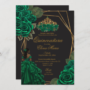 Black Green Rose Goldene Prinzessin Quinceañera Einladung