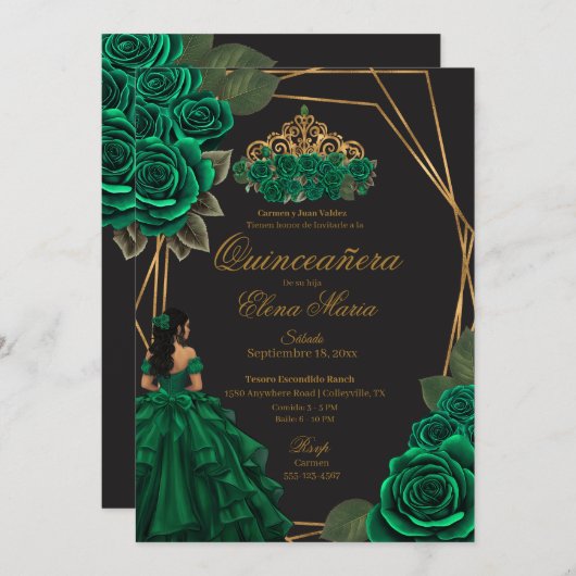 Black Green Rose Goldene Prinzessin Quinceañera Einladung (Vorne/Hinten)