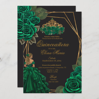 Black Green Rose Goldene Prinzessin Quinceañera Einladung